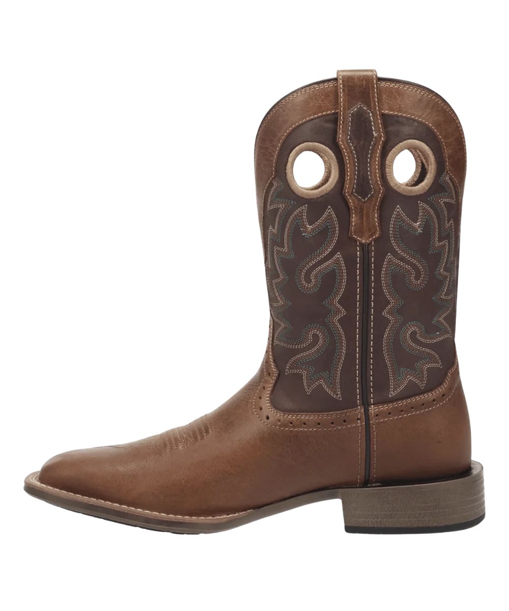Left side view of the men's western norsetter boot featuring the tan leather vamp and the 11" brown leather shaft with contrast stitching and pull holes