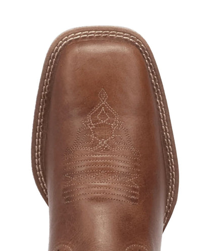Close-up view of the tan broad square toe