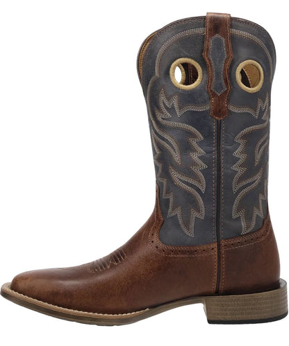 Left side view of the men's dyers western boot featuring the tan leather shaft and blue leather shaft with contrast stitching and pull holes for an easy on