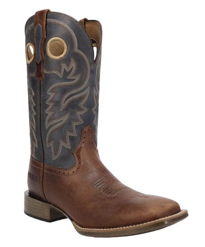 Right angled view of the men's Laredo Dyers Leather Boot featuring the two-tone 12" boot with pull holes