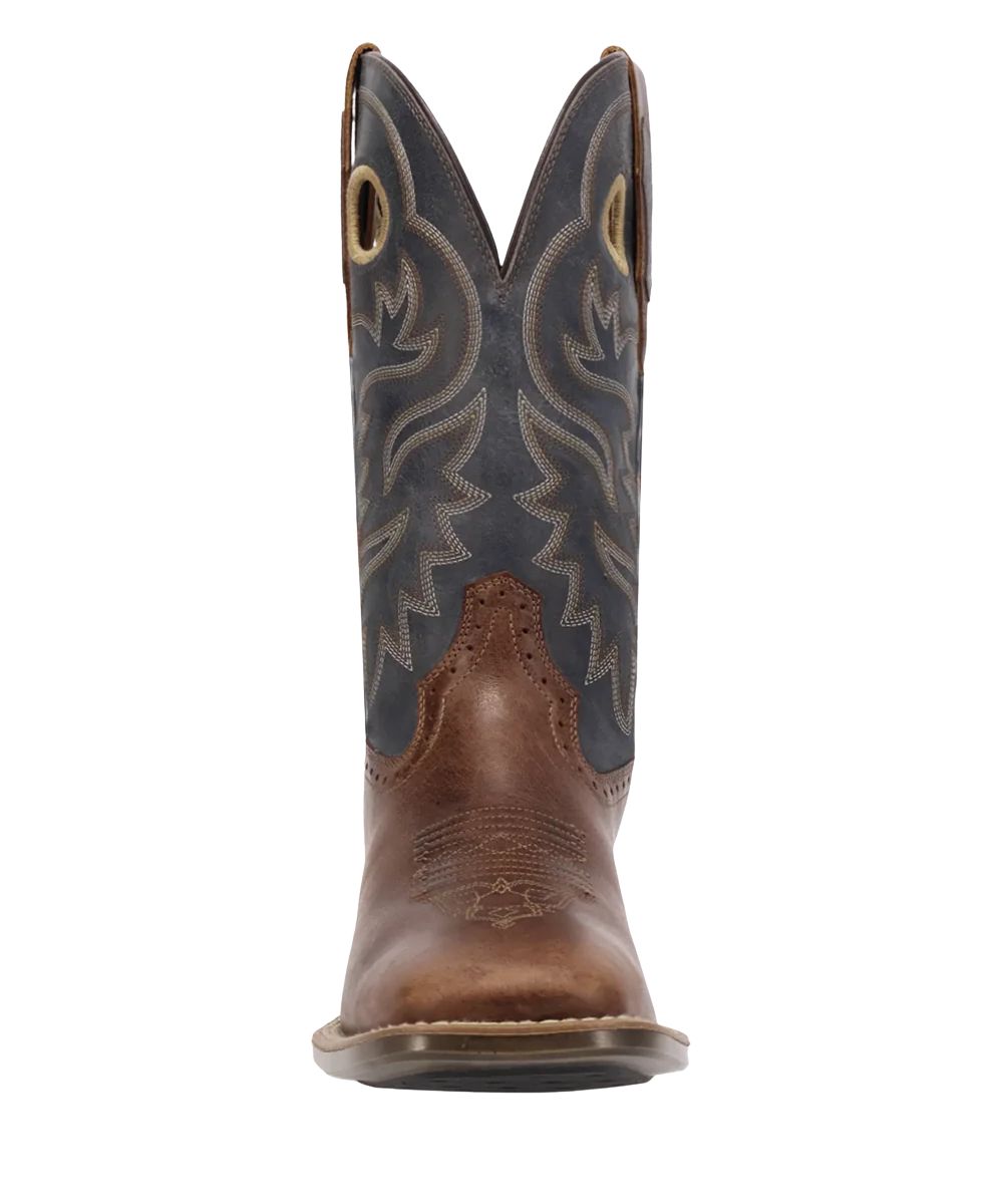 Front view featuring the broad square toe on the men's dyers western boot