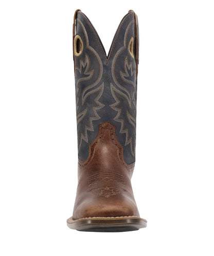 Front view featuring the broad square toe on the men's dyers western boot