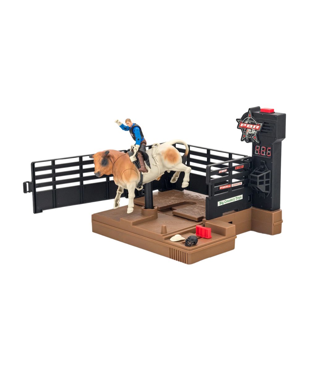 Side view of the bucking bull toy set featuring the 8-second timer, interchangeable cowboy hat and helmet, bucking bull, rider, bucking chute, and audio noise