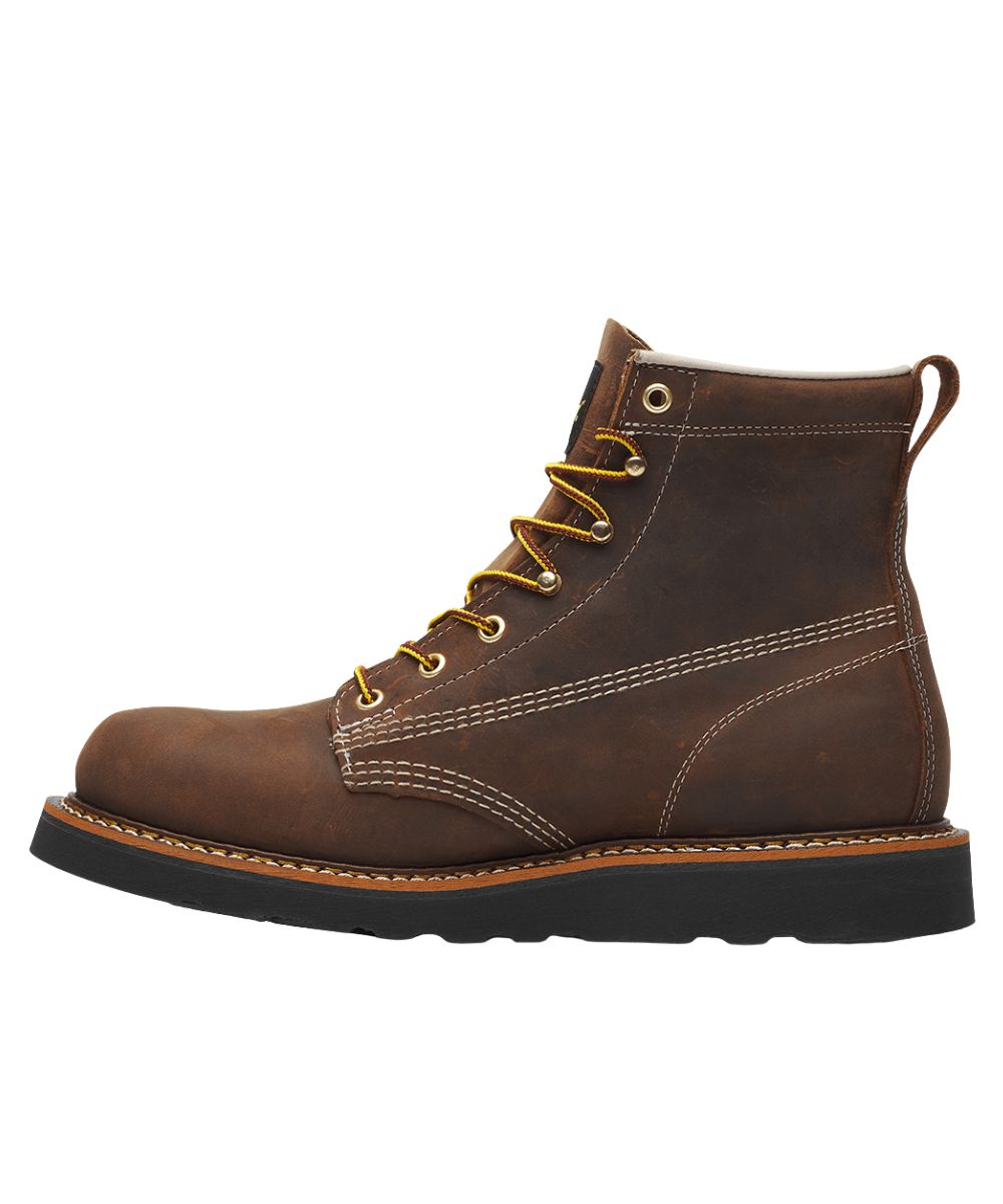 Left side view of the men's work boot featuring the dark brown/crazy horse leather upper and the heel pull tab