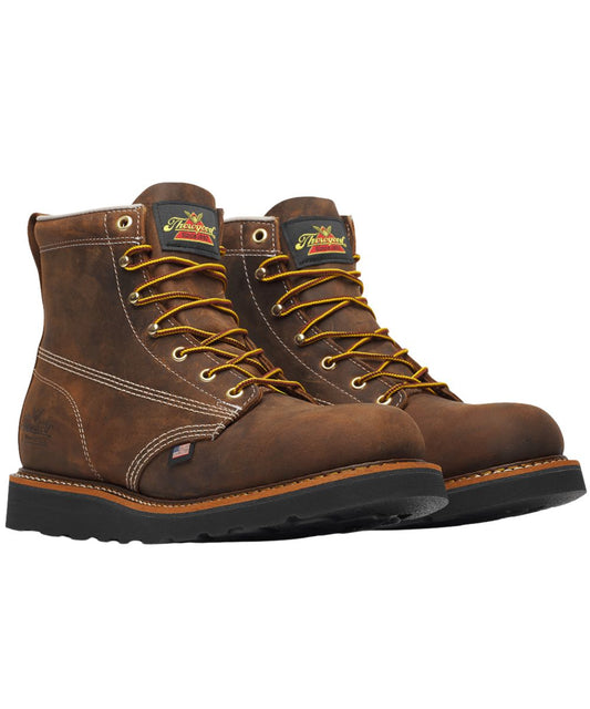 Right angled view of the men's dark brown/crazy horse Thorogood Plain Toe Work Boot featuring the 6" crazy horse full-grain American leather upper, lace-up entry, and soft toe