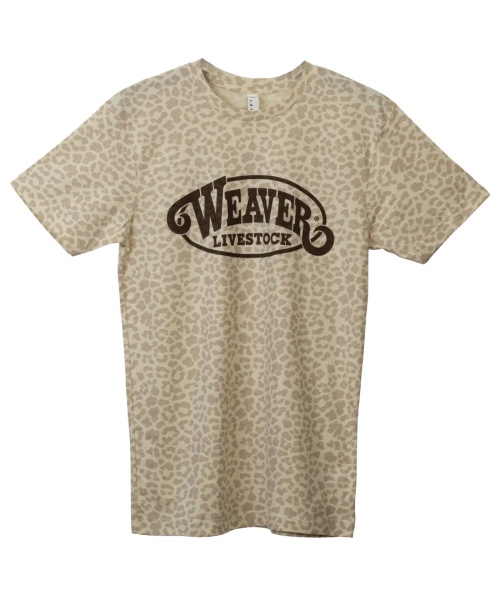 A short-sleeve crewneck t-shirt featuring a tan leopard print pattern, with a brown graphic on the chest that reads 'WEAVER LIVESTOCK'.