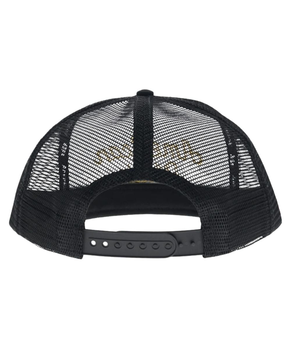 Back view of the black cap featuring the 5 panel construction, high-profile fit, and an adjustable snapback closure; one size fits most