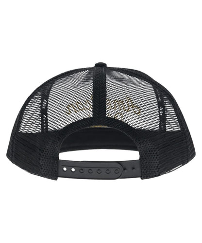 Back view of the black cap featuring the 5 panel construction, high-profile fit, and an adjustable snapback closure; one size fits most