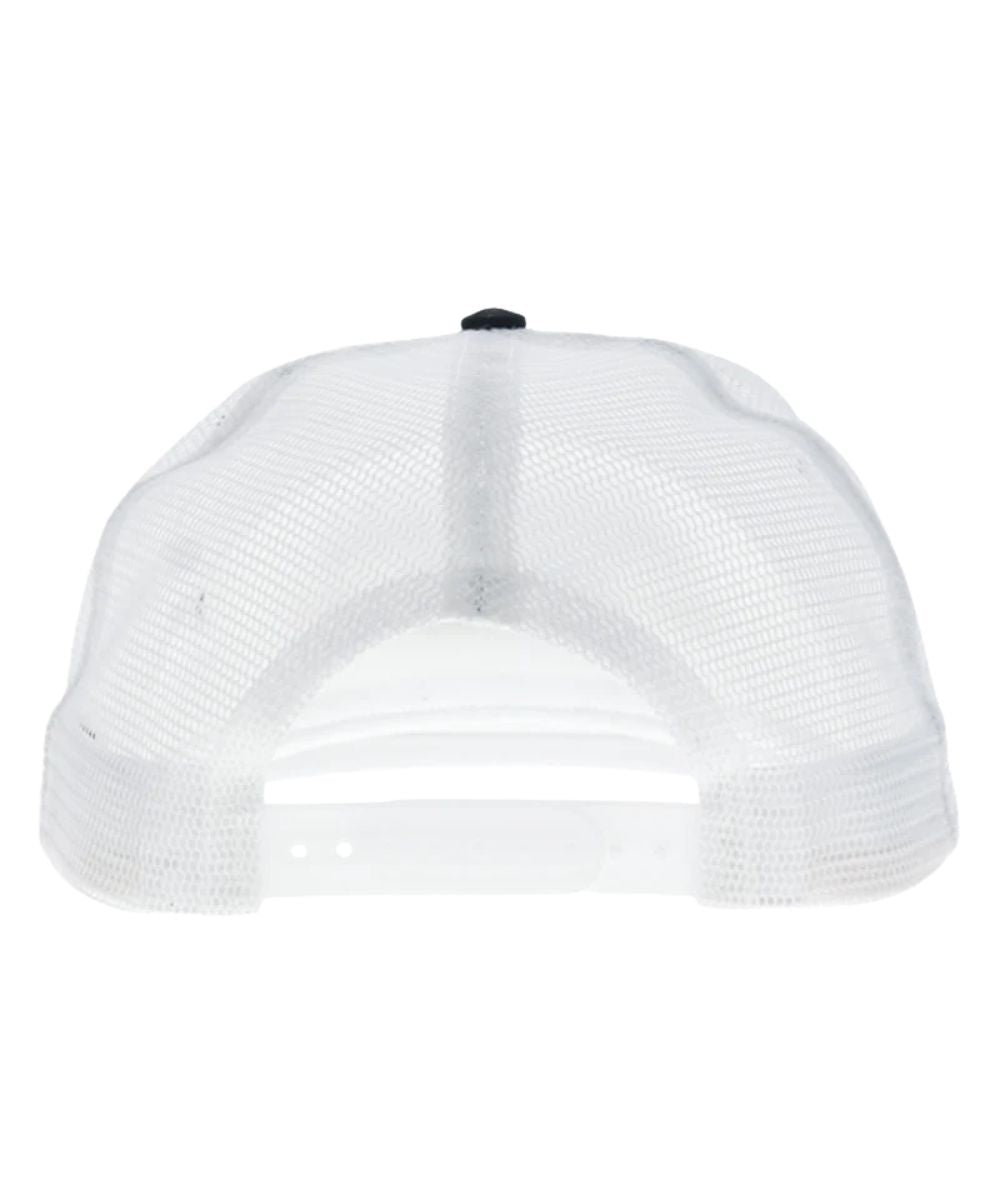 Back view of the white mesh back featuring the adjustable snapback closure, one size fits most