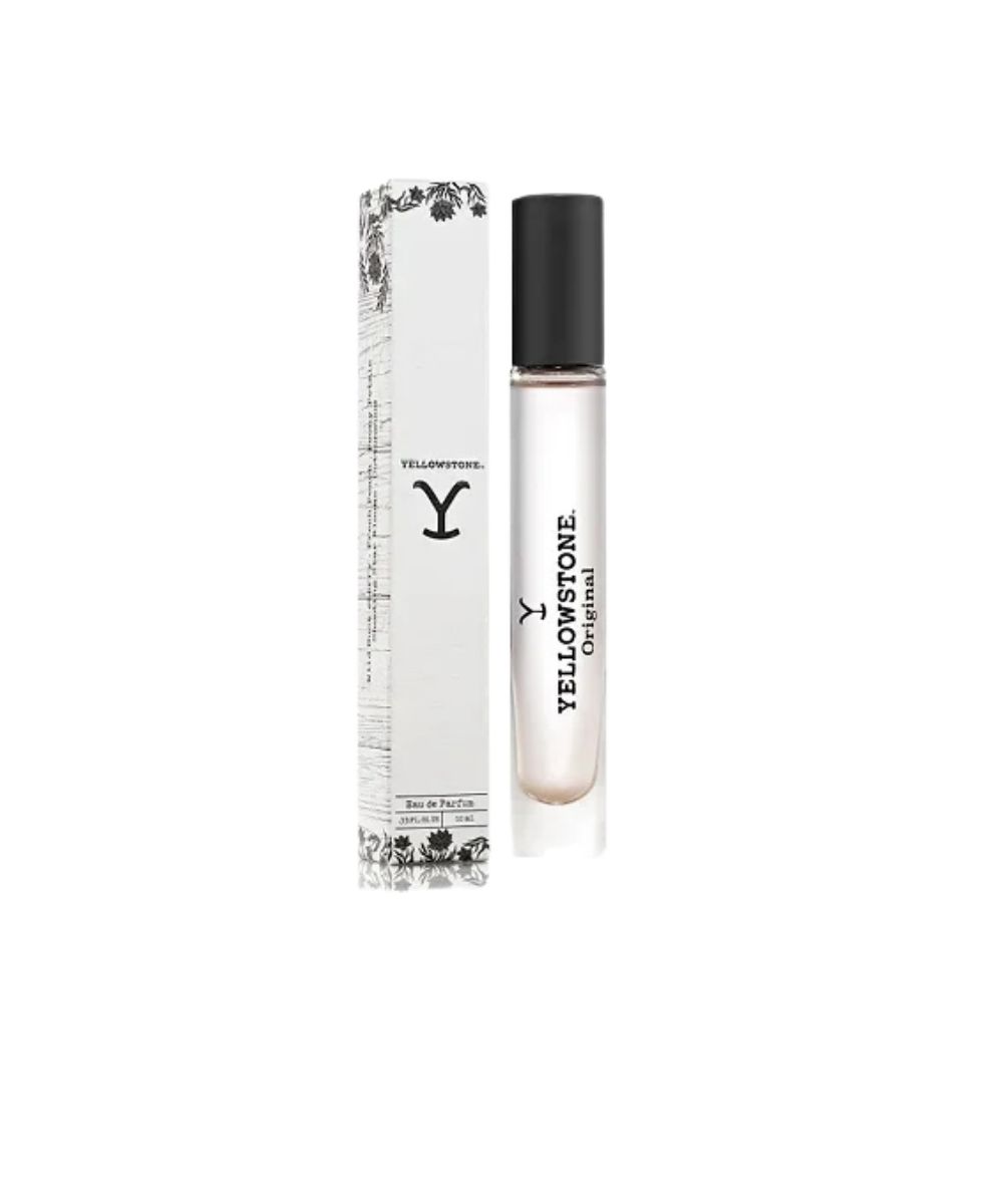 Yellowstone Cold Stone Eau de Toilette spray bottle next to its white packaging box with black text and decorative borders, on a solid white background.