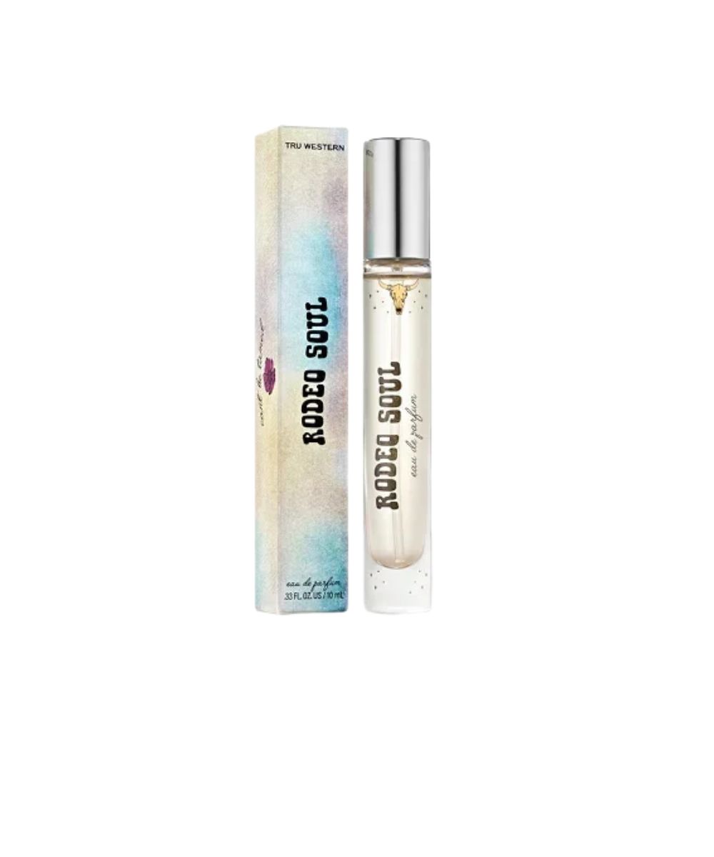 A travel size perfume bottle that says 'RODEO SOUL'