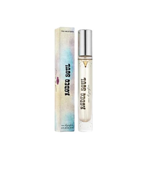 A travel size perfume bottle that says 'RODEO SOUL'