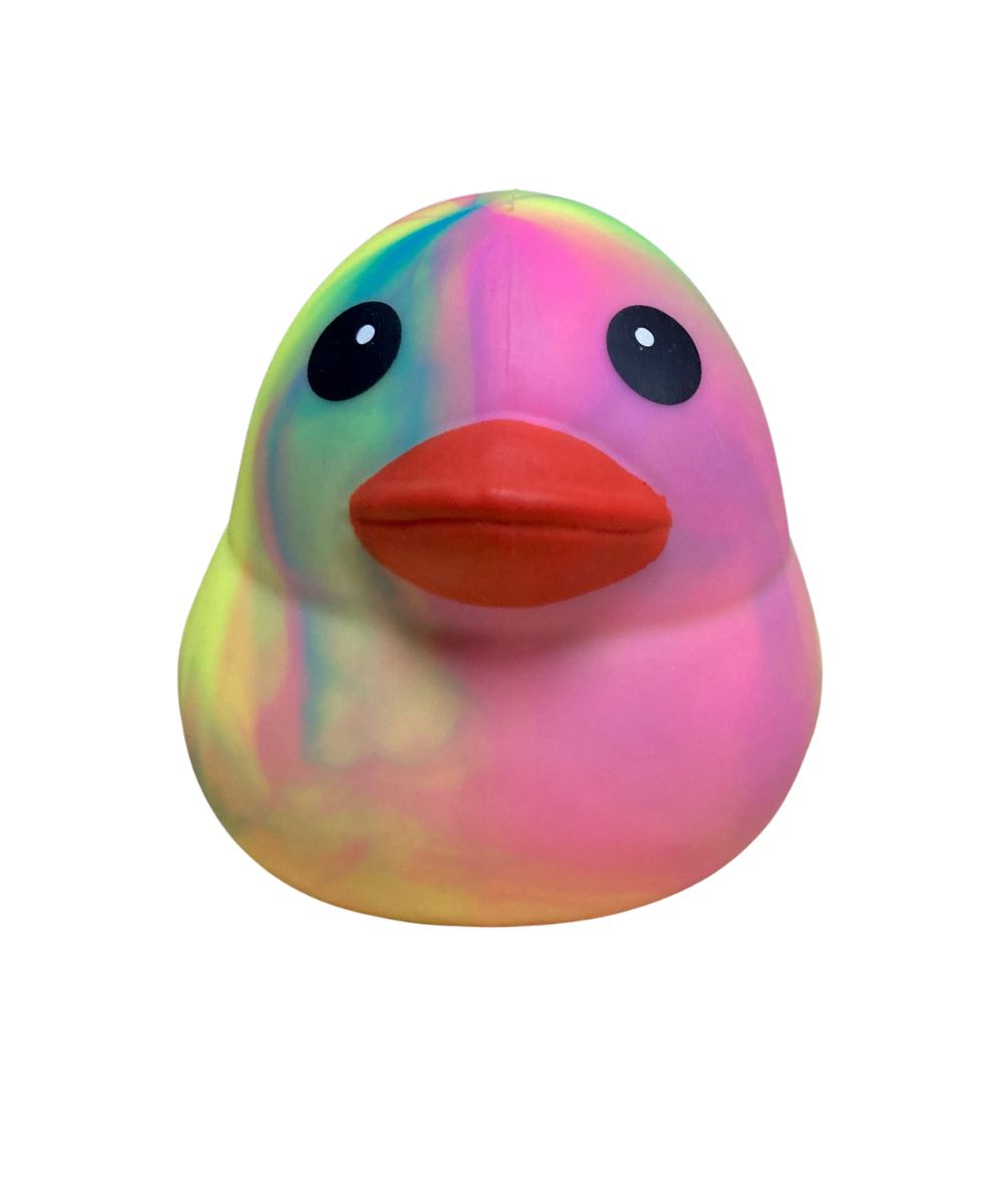 A rubber duck toy with a pastel rainbow tie-dye pattern in pink, yellow, green, and blue, featuring a bright orange-red beak and black eyes, isolated on a white background.