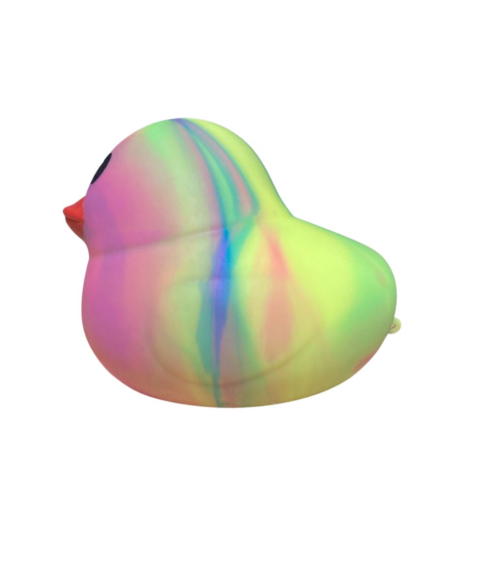 A novelty rubber duck with a pastel rainbow marbled pattern of pink, green, yellow, and blue, featuring a small orange beak and black eyes, isolated on a white background.