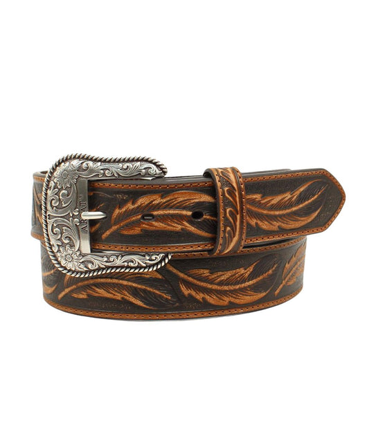 Men's Tan Leather Belt With An Embossed Leaf Pattern