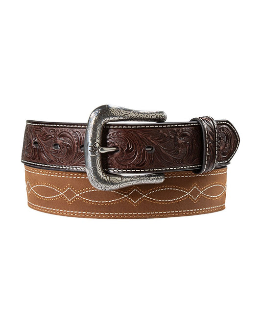 Men's Brown Leather Belt Featuring A Western Stitch Design, Floral Embossed Billets, And A Silver Belt Buckle