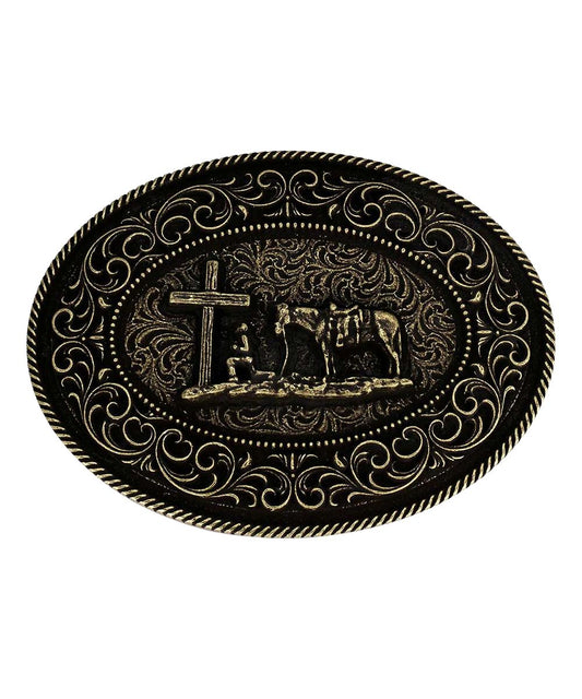 Men's Oval Brass Christian Cowboy Faith Belt Buckle