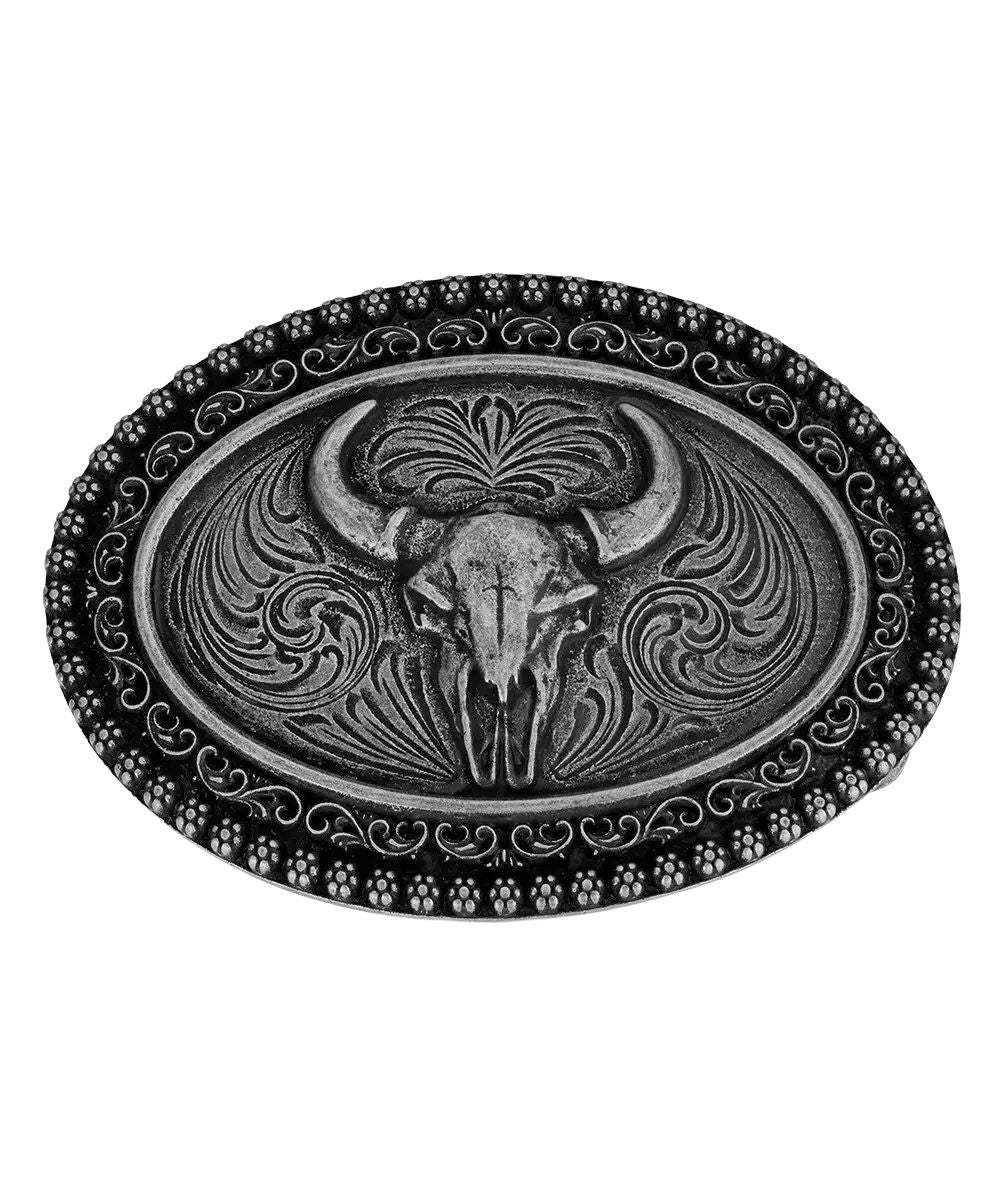 Adult's Oval Silver Belt Buckle Featuring A Buffalo Skull, Filigree, And Berried Edge