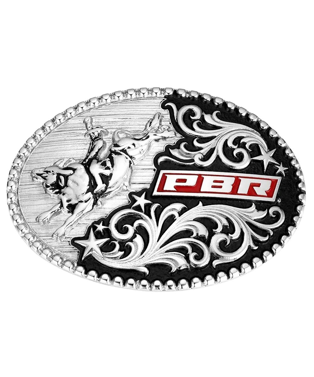 Men's Silver Oval PBR Belt Buckle With Bull Riding Sculped Figure, And PBR Logo With Silver Filigree