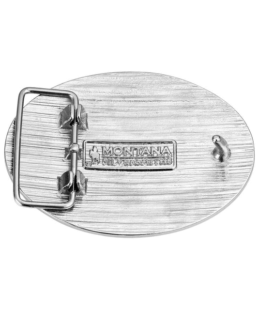 Back view of the silver 250 years of freedom belt buckle featuring the 1.5" belt swivel and logo engraving