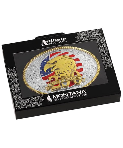Boxed view of the 250 years of freedom belt buckle from the montana silversmiths attitude buckle collection