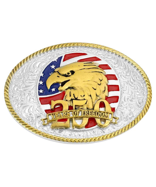 Front view of the oval freedom belt buckle featuring the american flag and bald eagle sculpted in the center