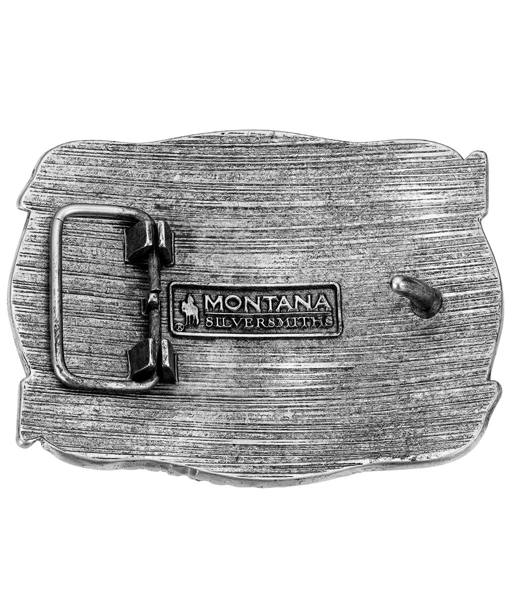 Back view of the pointing west longhorn buckle featuring the 1.5" belt swivel and logo engraving