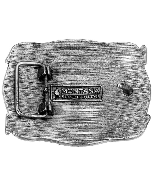 Back view of the pointing west longhorn buckle featuring the 1.5" belt swivel and logo engraving