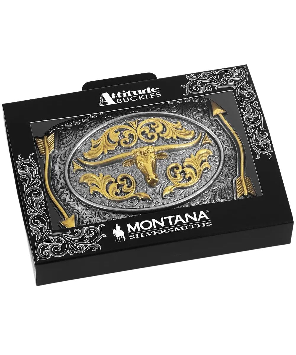 Boxed view of the pointing west longhorn buckle from the montana silversmiths attitude buckle collection