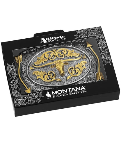 Boxed view of the pointing west longhorn buckle from the montana silversmiths attitude buckle collection