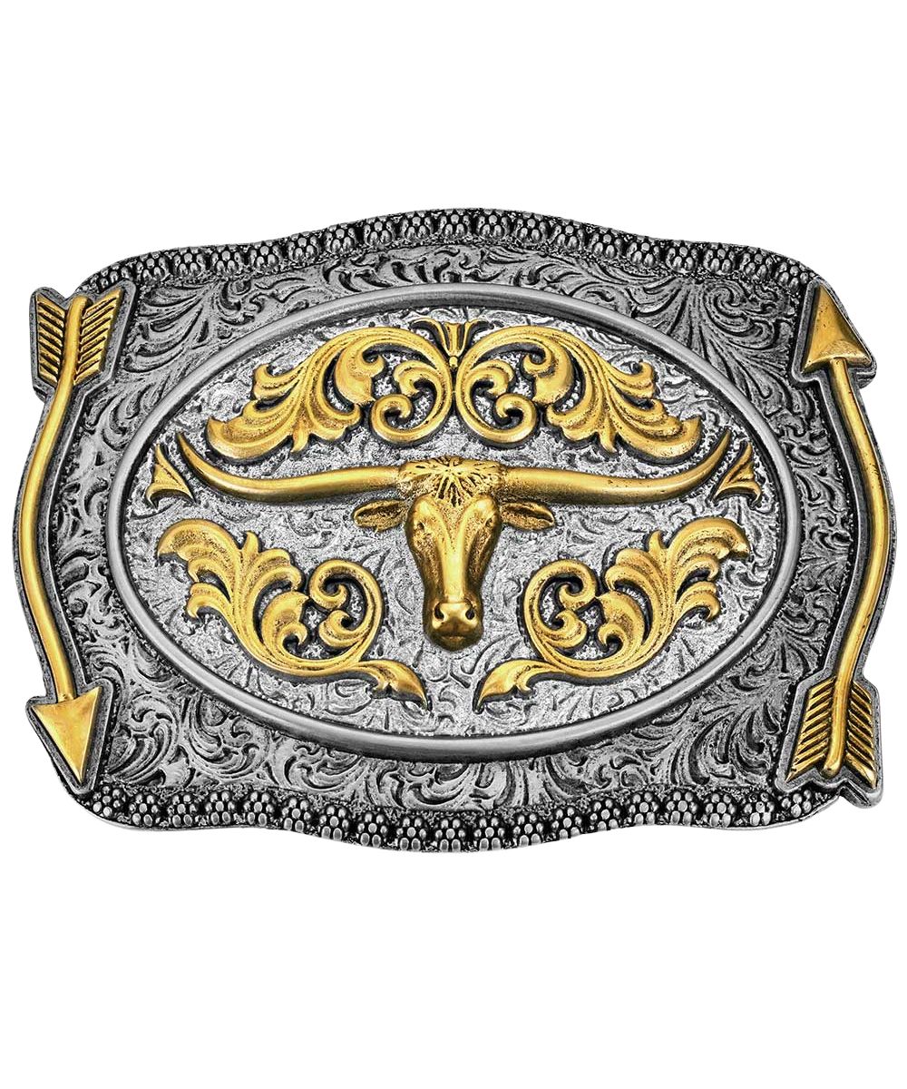 Front view of the scalloped belt buckle featuring a gold sculpted longhorn in the center
