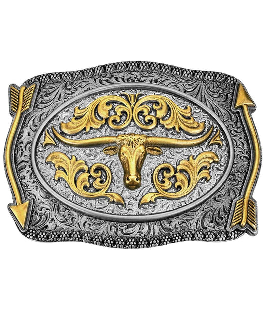 Front view of the scalloped belt buckle featuring a gold sculpted longhorn in the center