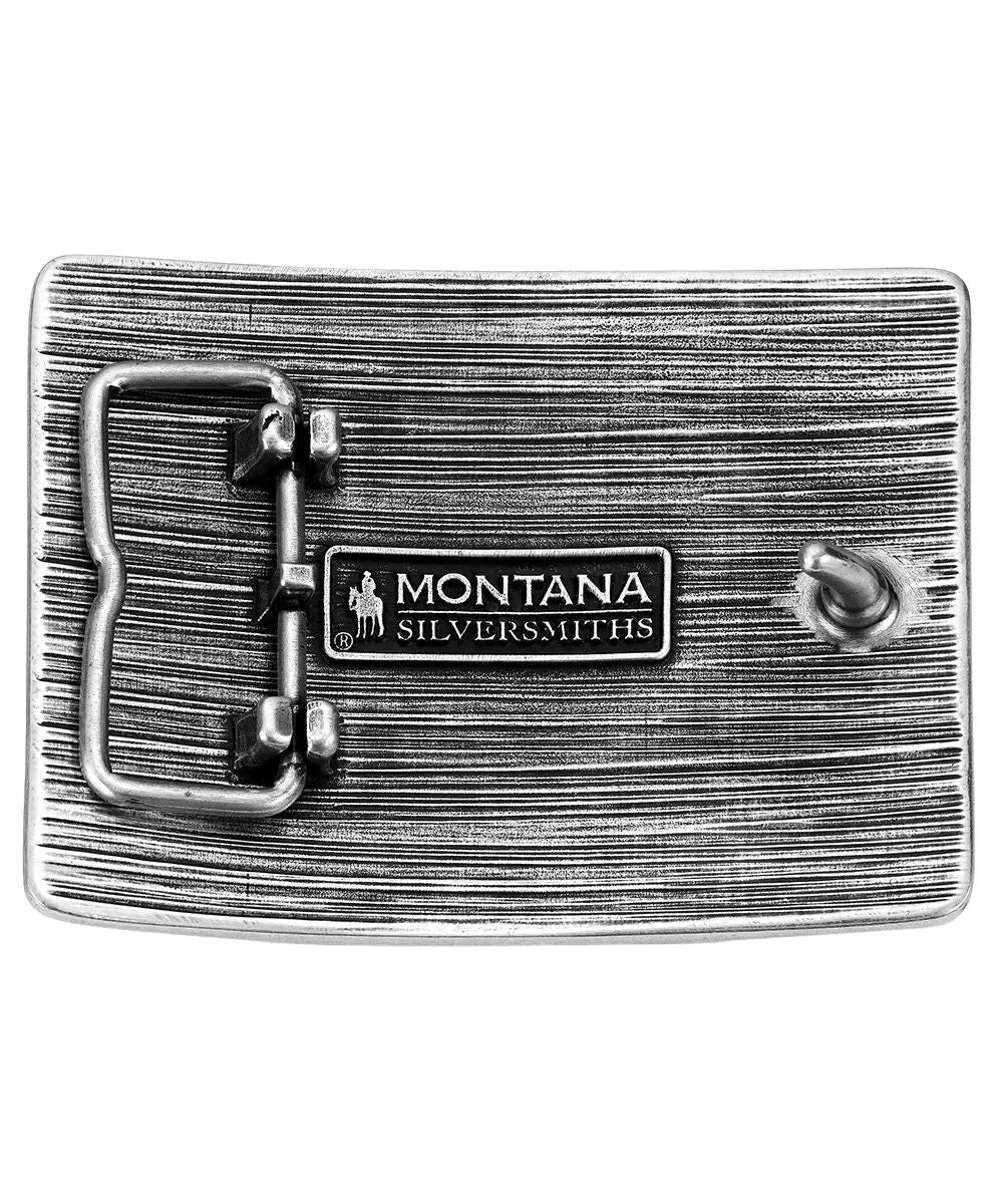 Back view of the relentless bull ride buckle featuring the 1.5" belt swivel and logo engraving