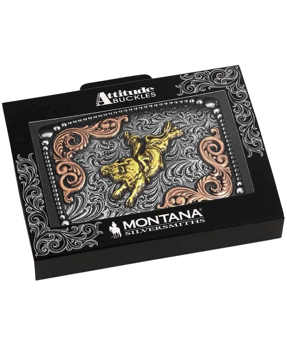 Boxed view of the relentless ride buckle from the attitude buckle collection by montana silversmiths