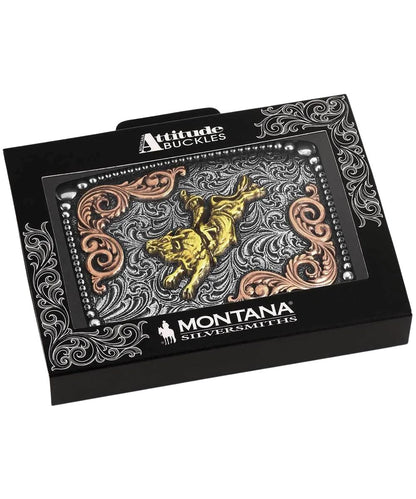 Boxed view of the relentless ride buckle from the attitude buckle collection by montana silversmiths
