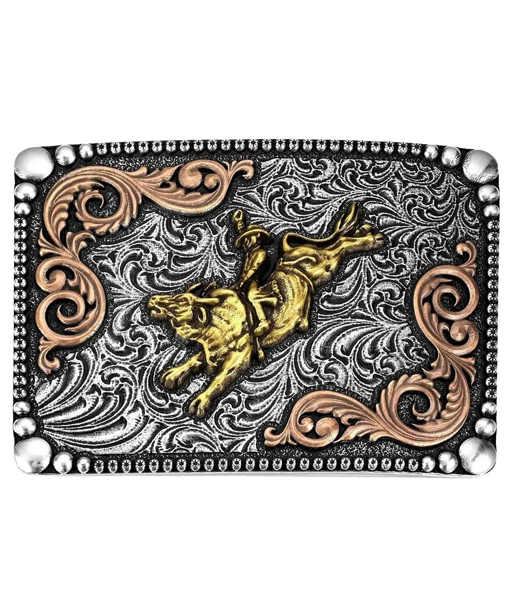 Front view of the silver rectangular belt buckle featuring a gold bull rider sculpted figure in the center