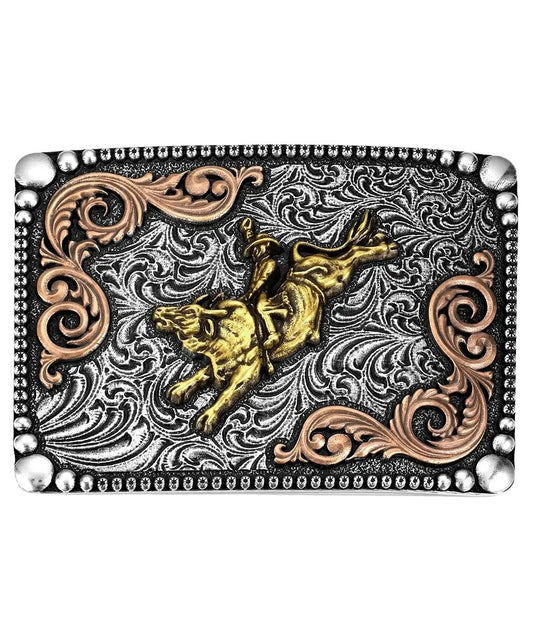 Front view of the silver rectangular belt buckle featuring a gold bull rider sculpted figure in the center