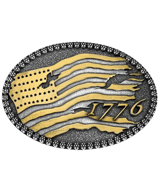 Front view of the birth of a nation buckle featuring the tattered american flag in silver an gold tones in the center of the buckle, and the gold toned "1776" in the bottom corner