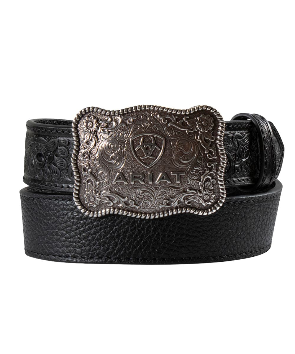 Boy's black belt with silver Ariat belt buckle