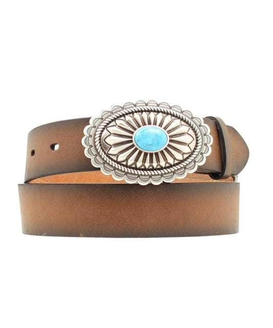 Women's Brown Leather Belt With A Decorative Fashion Belt Buckle Featuring A Turquoise Stone
