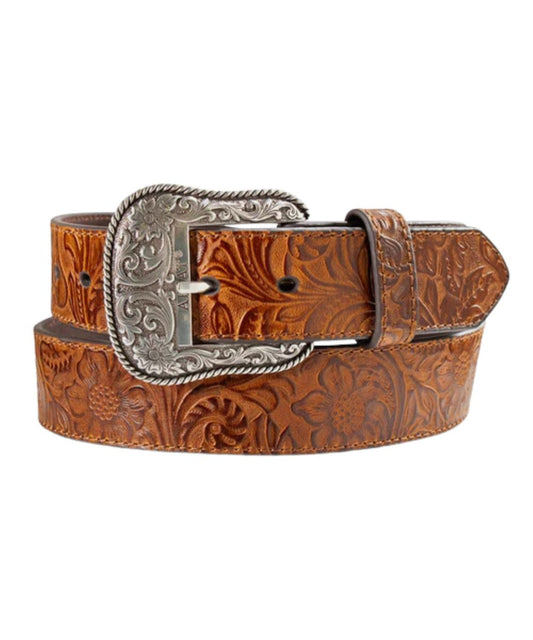 Women's Brown Floral Embossed Leather Belt With A Silver Belt Buckle