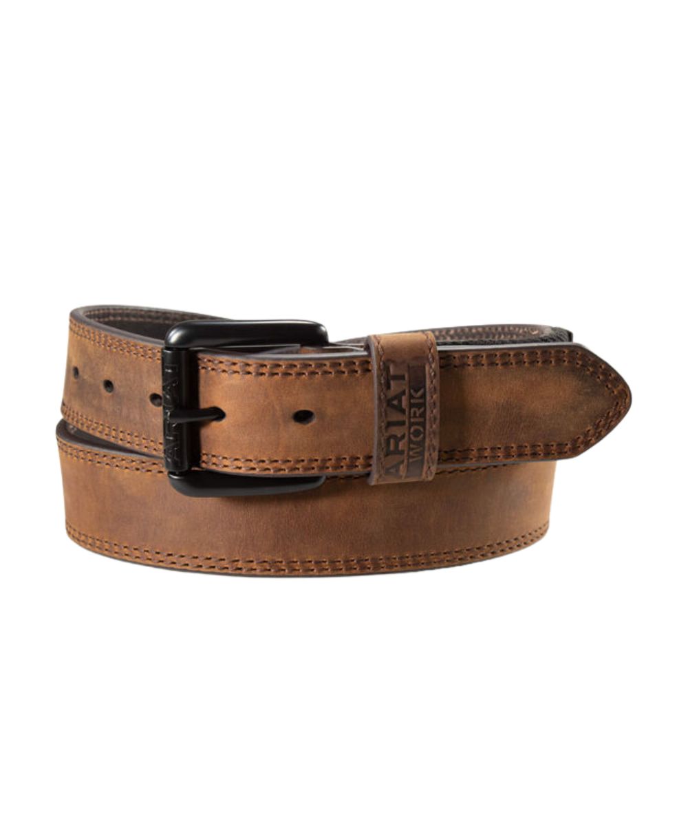 Side view of the men's brown genuine leather comfort stretch work belt