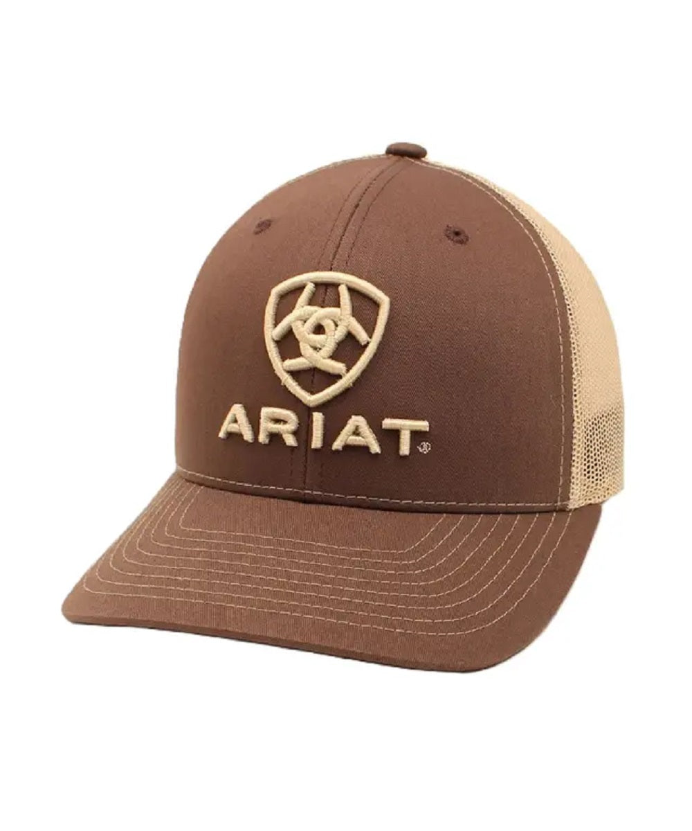 Left angled view of the brown adult logo cap featuring an adjustable snapback closure