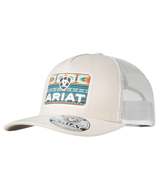 Men's Beige/White Ball Cap With A Southwestern Rectangle Ariat Logo Patch On The Front