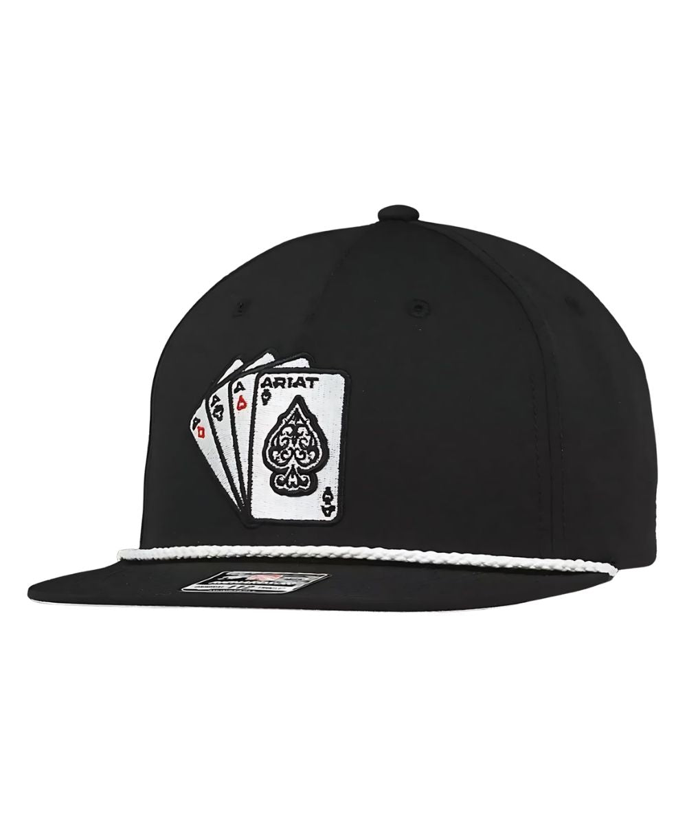 Left angled view of the men's black ball cap featuring a 3d ace playing card embroidered design