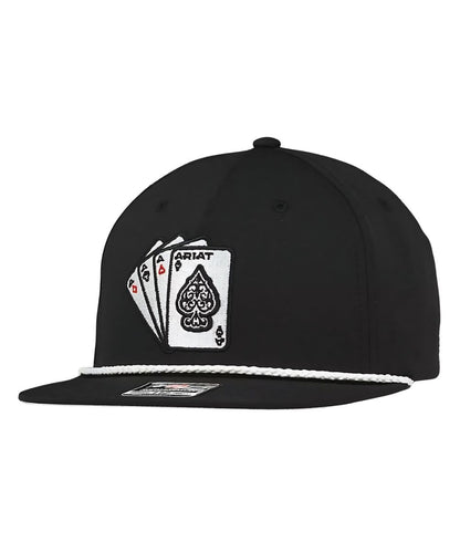 Left angled view of the men's black ball cap featuring a 3d ace playing card embroidered design