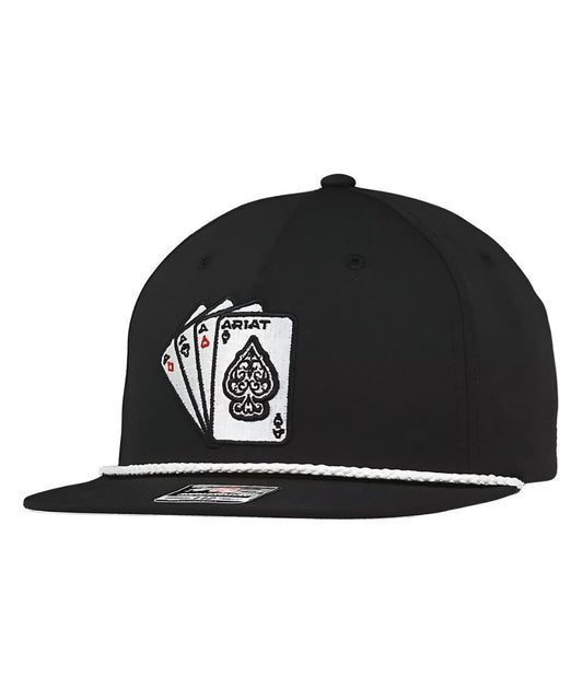 Left angled view of the men's black ball cap featuring a 3d ace playing card embroidered design