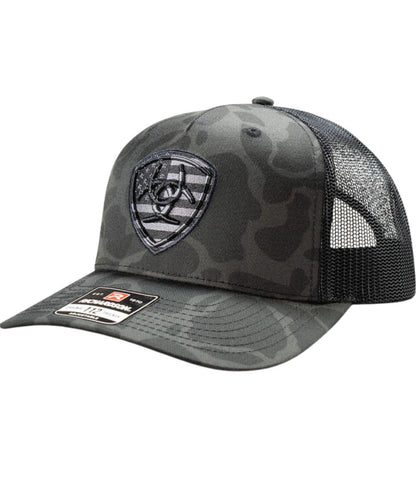 Men's Ariat Shield Logo Cap With American Flag Design On A Black/Grey Camo Cap