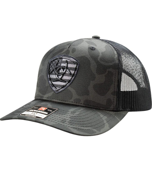 Men's Ariat Shield Logo Cap With American Flag Design On A Black/Grey Camo Cap