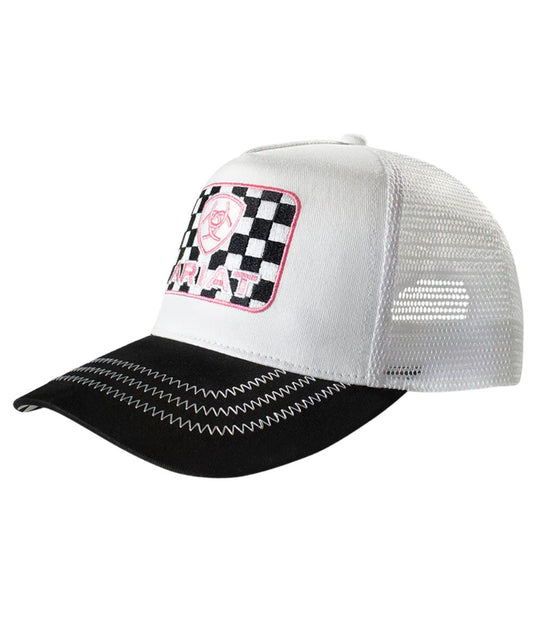 Women's White Cap With A Black/White Checkered Patch On The Front With Ariat Logo Embroidery In Pink